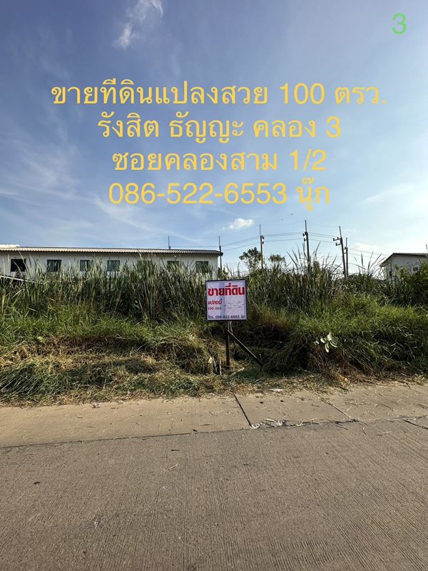 ขายที่ดินแปลงสวย 100 ตรว. ราคาไม่แพง ซอยคลองสาม 1/2 รังสิต คลอง 3 ธัญญะ ปทุมธานี